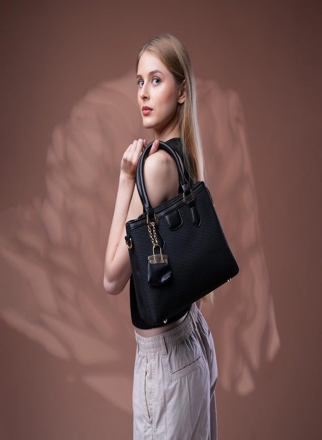 SANTORINI Regina Satchel Hand Bag for Women | Top Handle & Detachable Sling Strap | Stylish Bag Charm | Lightweight Daily Office & Casual Bag (Black) - Image 5